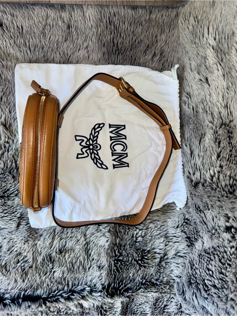 MCM Visetos Cognac Oval Crossbody Belt Bag w/ Dust Bag